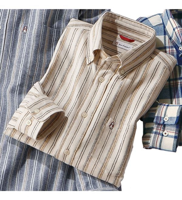 「＜ハッシュパピー＞しっとり柔らか綿１００％ネルシャツ（メンズシャツ）」｜オフホワイトストライプ