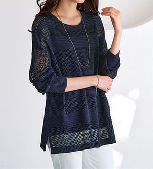 BELLUNA（ベルーナ）の「ラメ使い透かし編ボーダーニットプルオーバー（ニット・セーター）」｜ネイビー