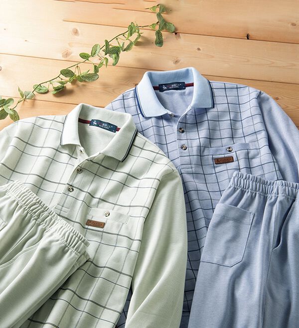 「【２着組】＜カルビア＞柄違い紳士のリラックスポロ衿ホームスーツ（メンズルームウェア）」｜詳細画像