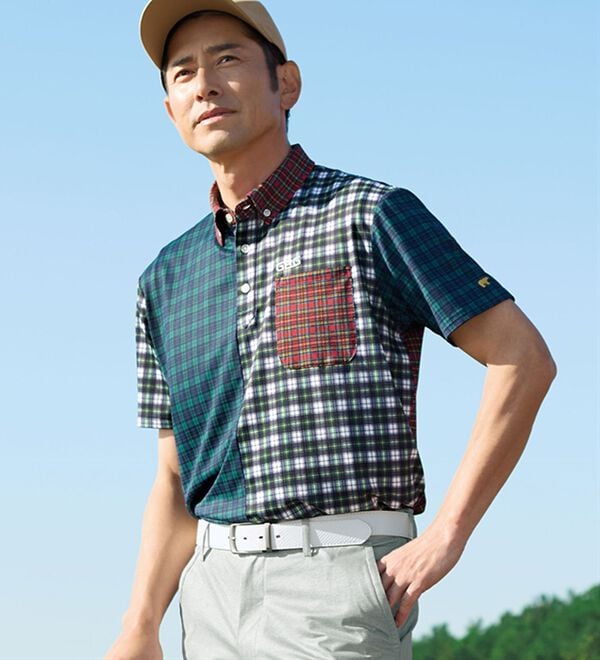 「＜ゴールデンベアゴルフ＞パッチワーク柄ドライポロシャツ（メンズポロシャツ）」｜詳細画像