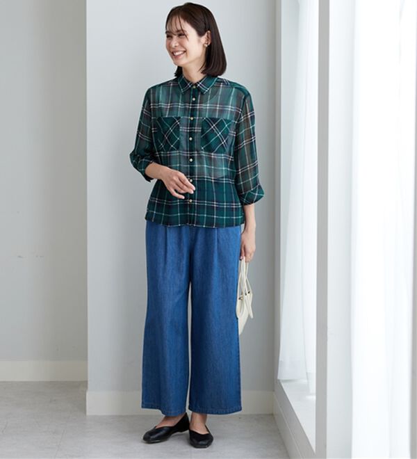 BELLUNA（ベルーナ）の「シフォン楊柳チェック柄プリントシャツ（シャツ）」｜詳細画像