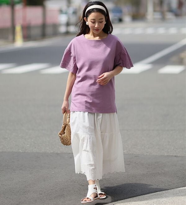 A HAPPY MARILYN（アハッピーマリリン）の「【Ｍ～８Ｌ】スカラップレース袖切替トップス【ハッピーさらりん】（カットソー）」｜詳細画像