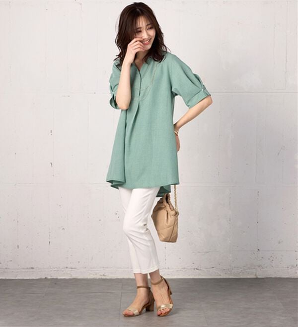 BELLUNA（ベルーナ）の「【接触冷感】麻調素材袖パール付シャツチュニック（チュニック）」｜詳細画像