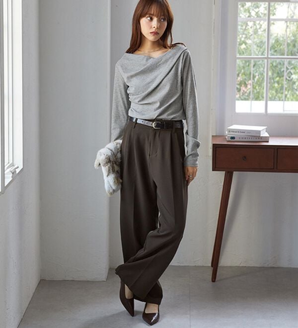 RANAN（ラナン）の「【新色追加】上品ドレープリブロングＴシャツ（カットソー）」｜詳細画像