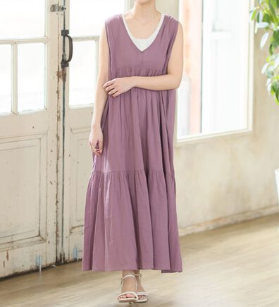 A HAPPY MARILYN（アハッピーマリリン）の「【Ｌ～６Ｌ】【風通るプレミアム】ウエストギャザーＶネックノースリーブワンピース（ロングワンピース）」