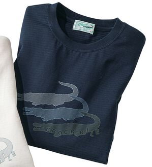 「＜クロコダイル＞シャドーボーダーＴシャツ（メンズＴシャツ）」｜ネイビ－