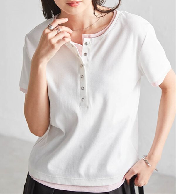RANAN（ラナン）の「レイヤード風ヘンリーネックTシャツ（カットソー）」｜ホワイト系
