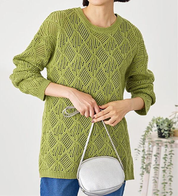 BELLUNA（ベルーナ）の「リーフ柄透かし編ニットチュニック（チュニック）」｜イエローグリーン