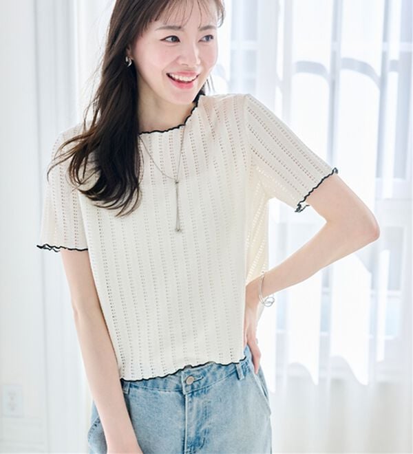 RANAN（ラナン）の「インせず着られる！透かし柄メロー配色Ｔシャツ（カットソー）」｜詳細画像