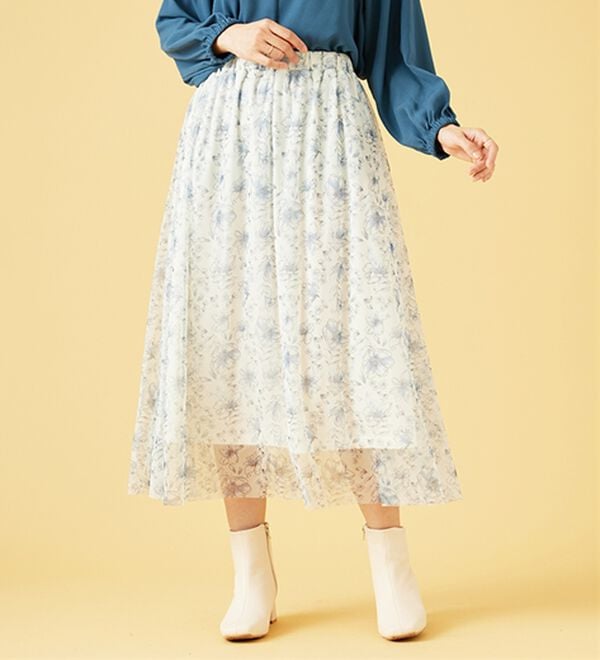 BELLUNA（ベルーナ）の「チュール素材上品プリントフレアースカート（ロングスカート）」｜詳細画像