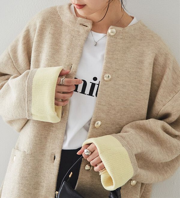 RANAN（ラナン）の「裏配色ゴールド調ボタンニットコーディガン（ニットカーディガン）」｜ベージュ