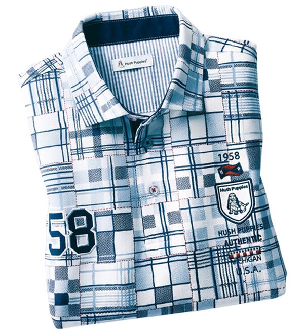 「＜ハッシュパピー＞パッチワークポロシャツ（メンズポロシャツ）」｜ネイビー