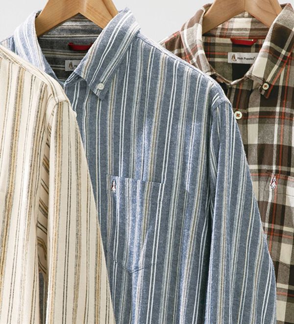 「＜ハッシュパピー＞しっとり柔らか綿１００％ネルシャツ（メンズシャツ）」｜ネイビーストライプ