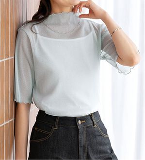 BELLUNA（ベルーナ）の「ラメシアーメロー使いトップス（カットソー）」｜ライトグレー