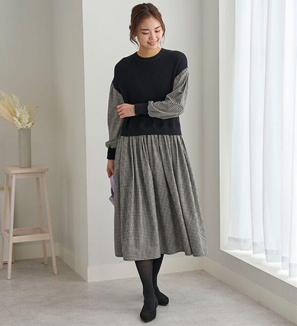 BELLUNA（ベルーナ）の「＜＆ｃｏｃｏｃｈｉ＞ニット切替チェック柄ワンピース（ドッキングワンピース）」｜詳細画像
