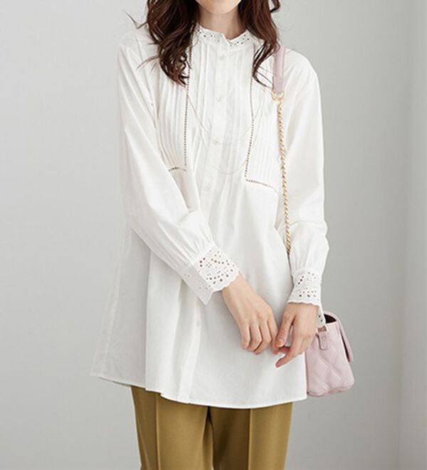 BELLUNA（ベルーナ）の「上品に着映える！衿＆袖レース切替シャツチュニック（チュニック）」｜詳細画像
