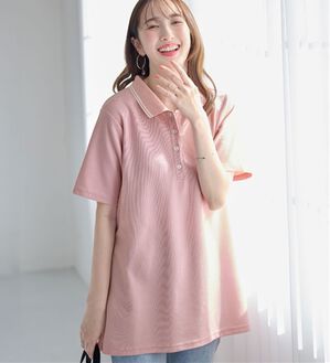 alotta（アロッタ）の「衿配色Ａライン鹿の子ポロチュニック（チュニック）」｜ピンク