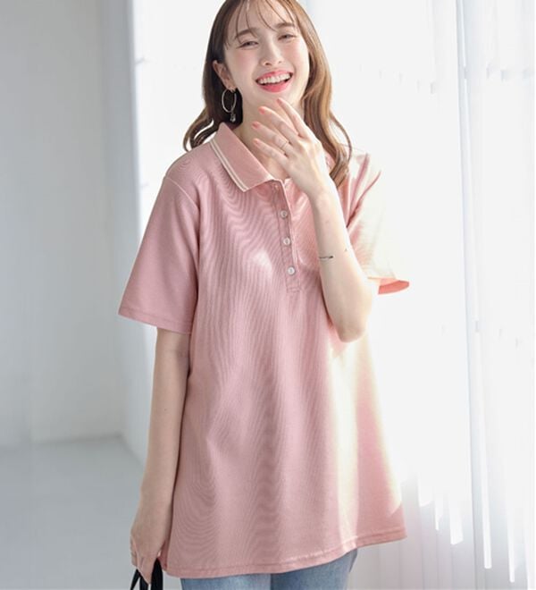 alotta（アロッタ）の「衿配色Ａライン鹿の子ポロチュニック（チュニック）」｜ピンク