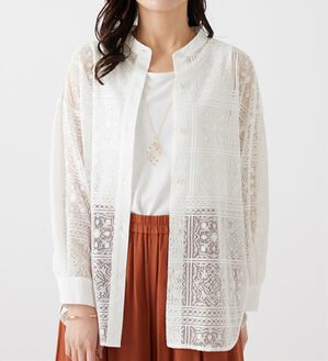 「上品レース素材シャツチュニック（チュニック）」｜オフ白