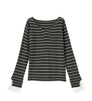 GeeRA（ジーラ）の「プリーツ付Ｖネックリブニットトップス（ニット・セーター）」｜黒系ボーダー