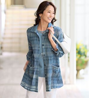 BELLUNA（ベルーナ）の「＜サッと羽織れて旅行に嬉しい！＞シャーリングボーダー素材アンサンブル（その他ジャケット）」｜ブルーグレー