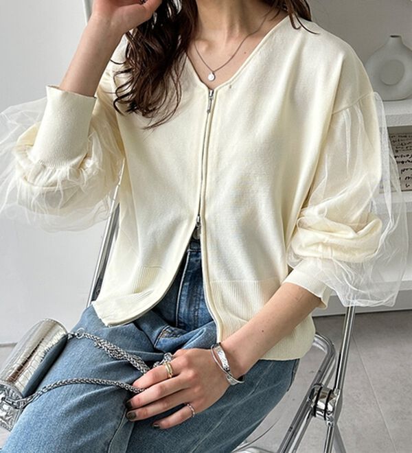 GeeRA（ジーラ）の「チュール袖ダブルジップカーディガン（ニットカーディガン）」｜詳細画像