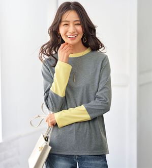 BELLUNA（ベルーナ）の「配色リブ素材クルーネックプルオーバー（カットソー）」｜杢グレー&times;イエロー