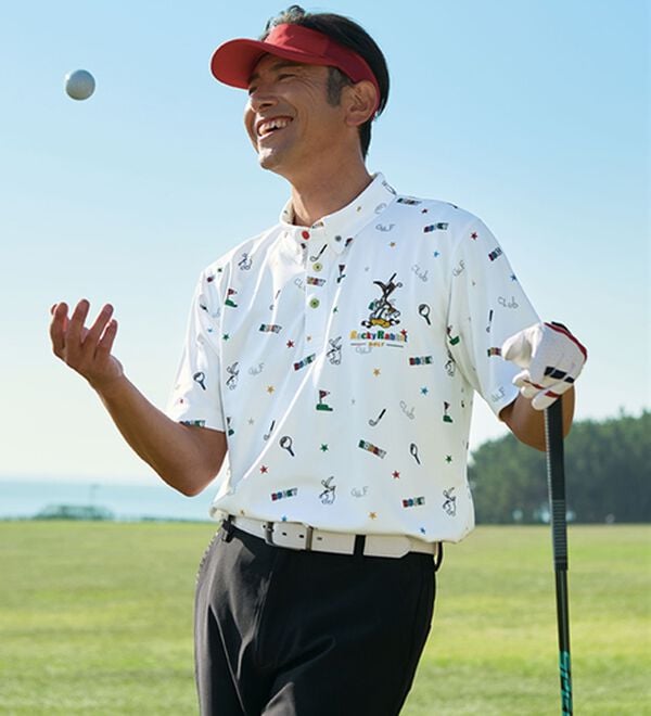 「＜ロッキーラビット＞ゴルフデザイン総柄ポロシャツ（メンズポロシャツ）」｜詳細画像
