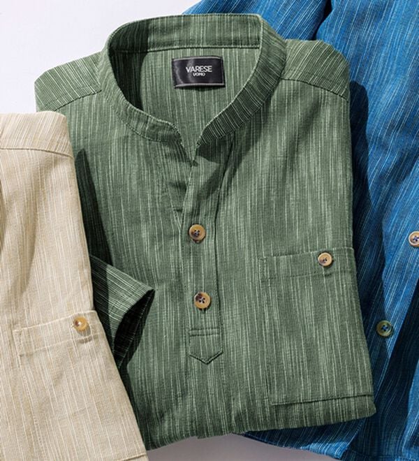 「ざっくり木綿の前開きゆったりシャツ（メンズシャツ）」｜ダークカーキ