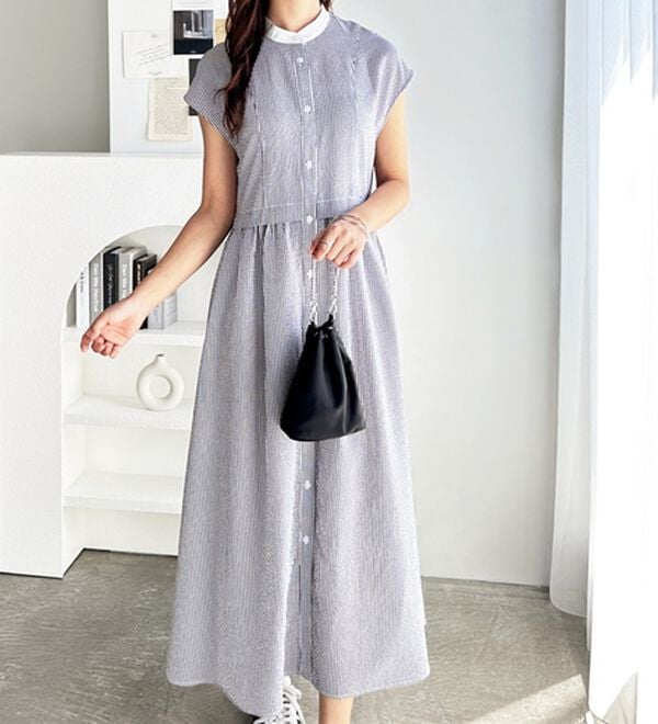 GeeRA（ジーラ）の「クレリック配色ウエストギャザーシャツワンピ―ス（シャツワンピース）」｜詳細画像