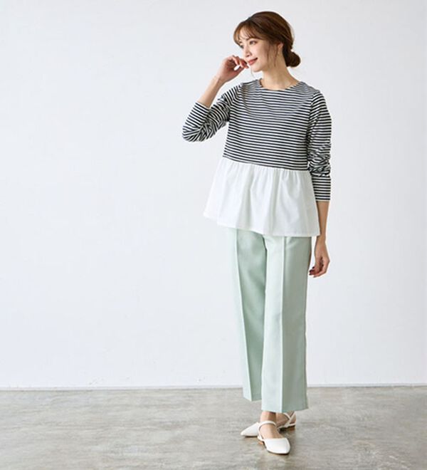 Pierrot（ピエロ）の「異素材ドッキングフリルギャザーペプラムカットソー（カットソー）」｜詳細画像