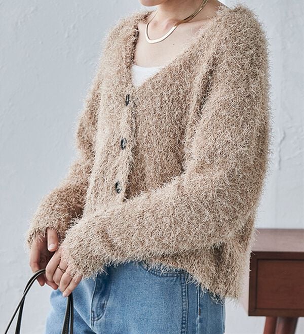 RANAN（ラナン）の「ラメシャギーショートカーデ（ニットカーディガン）」｜ベージュ