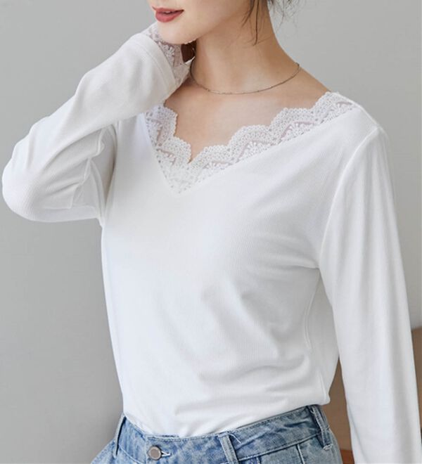 RANAN（ラナン）の「チュールレースＶネックリブロンＴＥＥ（カットソー）」｜詳細画像