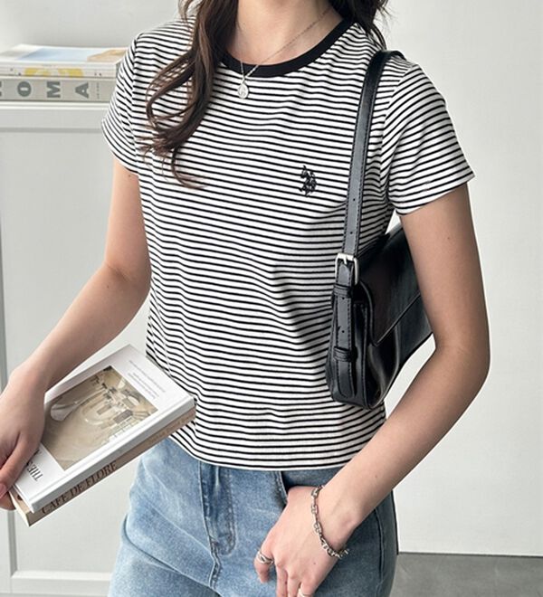 GeeRA（ジーラ）の「【ＵＳ．ＰＯＬＯ．ＡＳＳＮ】汗染み防止ミニＴシャツ（Tシャツ）」｜オフ白系ボーダー