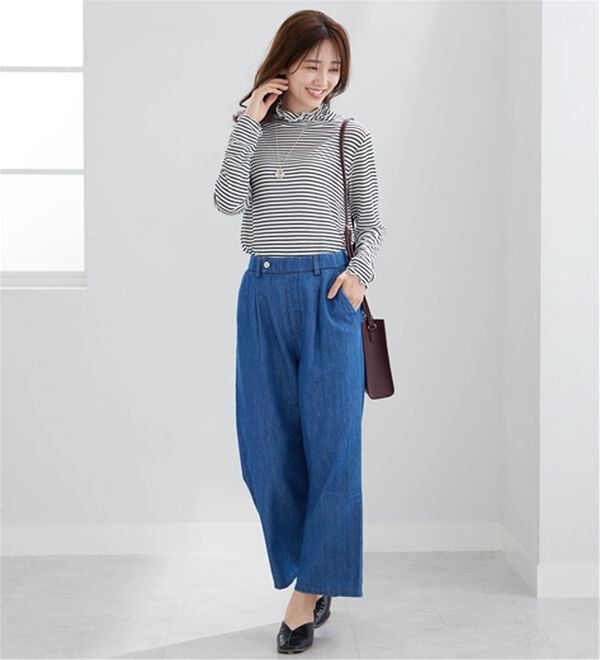 BELLUNA（ベルーナ）の「やわらかデニム素材ウエストタブパンツ（ワイドパンツ・ガウチョ）」｜詳細画像