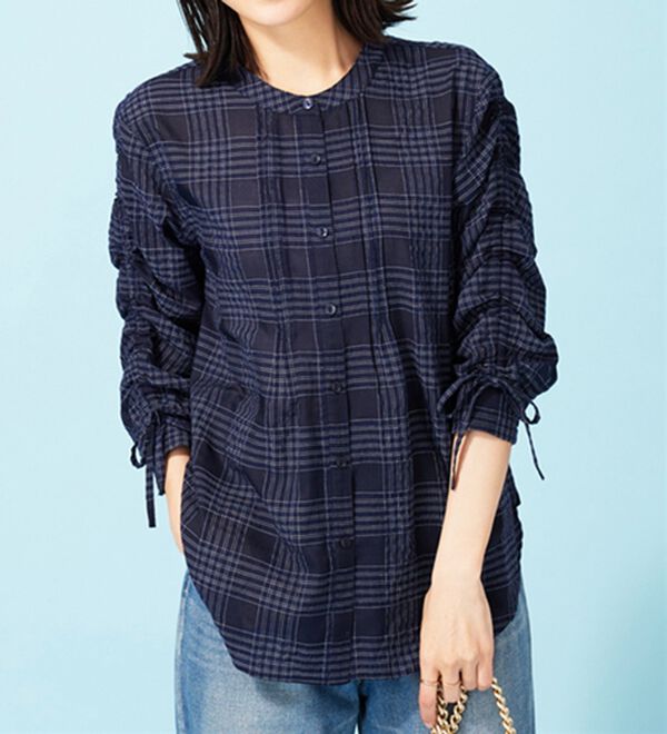 BELLUNA（ベルーナ）の「シアーチェック素材袖ドロストブラウス（シャツ）」｜詳細画像