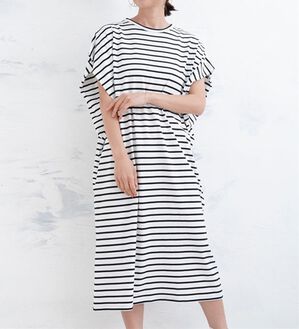 A HAPPY MARILYN（アハッピーマリリン）の「【麗シルエット】綿１００％ すっぽり着るだけ体隠し フレンチ ドルマンワンピース（カットソーワンピース）」｜オフ×ブラック