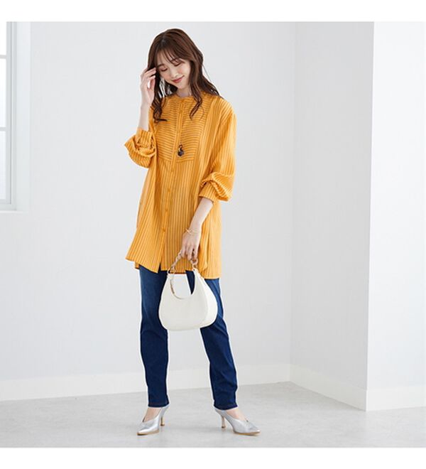 BELLUNA（ベルーナ）の「お手入れ簡単！ストライプ切替シャツチュニック（チュニック）」｜詳細画像