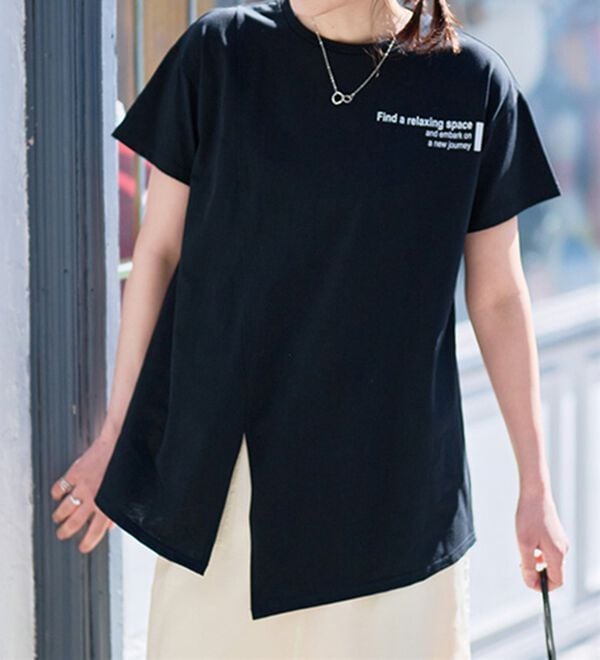 RANAN（ラナン）の「【接触冷感】ロゴプリントチュニックTシャツ（Tシャツ）」｜ブラック(ロゴ)