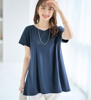 alotta（アロッタ）の「＜－３ｋｇ＞細見え叶う！ＡラインフレアチュニックＴシャツ（チュニック）」｜ブルー