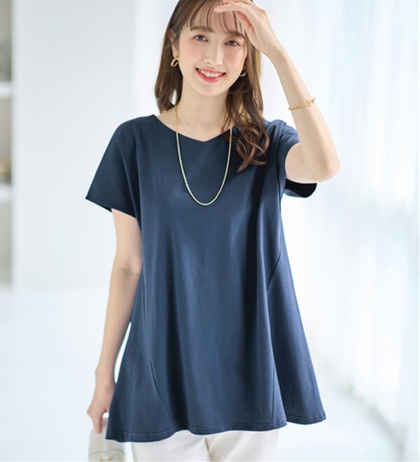 alotta（アロッタ）の「＜－３ｋｇ＞細見え叶う！ＡラインフレアチュニックＴシャツ（チュニック）」｜ブルー