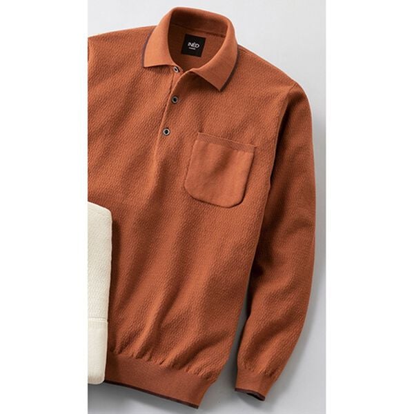 「＜イネド＞裾リブ付き地柄ポロシャツ（メンズニット・セーター）」｜オレンジ