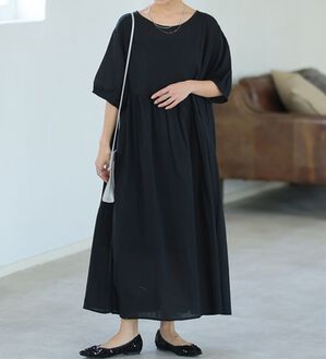 A HAPPY MARILYN（アハッピーマリリン）の「【Ｌ～６Ｌ】【風通るプレミアム】綿　楊柳　五分袖　ウエスト切替ワンピース（カットソーワンピース）」｜ブラック