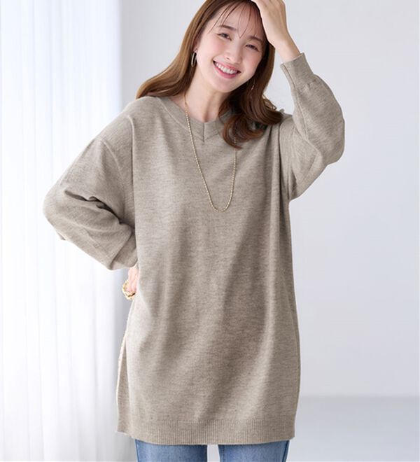 alotta（アロッタ）の「洗える！ゆるニットＶネックチュニック（チュニック）」｜杢グレー