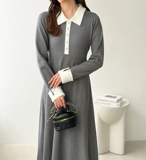 GeeRA（ジーラ）の「バイカラーフレアーニットワンピース（ニットワンピース）」｜杢グレー&times;オフ白