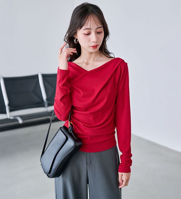 RANAN（ラナン）の「【春色追加】上品ドレープリブロングＴシャツ（カットソー）」｜詳細画像