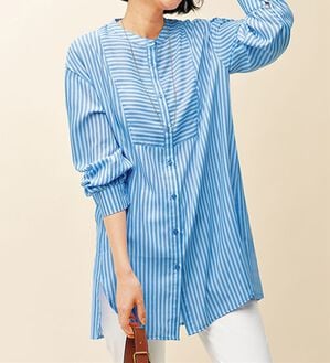 BELLUNA（ベルーナ）の「お手入れ簡単！ストライプ切替シャツチュニック（チュニック）」｜ブルー系