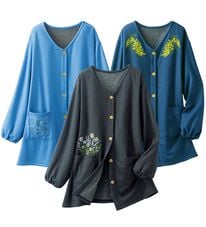 「【３枚組】刺しゅうが可愛い！デニム調裏シャギーかっぽう（ホームウェア）」