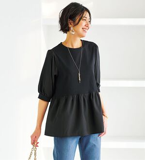 BELLUNA（ベルーナ）の「異素材切替ペプラムチュニック（チュニック）」｜黒