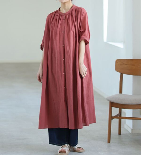 A HAPPY MARILYN（アハッピーマリリン）の「【Ｌ～６Ｌ】【風通るプレミアム】綿１００％ 楊柳 五分袖 ギャザーたっぷりワンピース（カットソーワンピース）」｜オレンジ